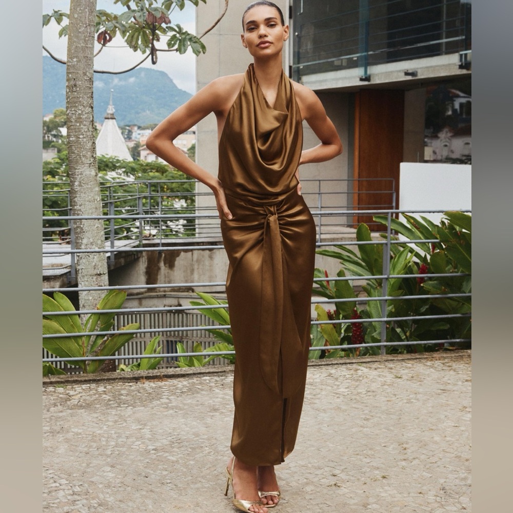 ZARA Brown Satin Halter Maxi Dress